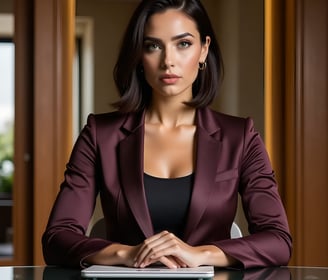 Vivienne Vale in a plum blazer sits confidently at a glass desk with a tablet before her.
