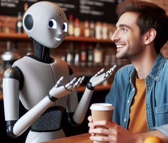 Un robot humanoide practicando idiomas con su alumno, que parece divertirse, en una cafetería.