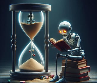 Un robot humanoide lee una un libro sentado sobre un montón de libros y un reloj de arena marca el paso del tiempo.
