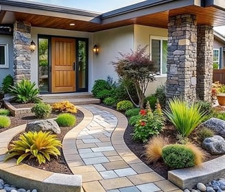 a house with a stone walkway and a stone walkway