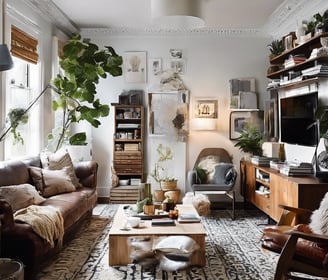 Small living room with cozy decor, plants, and smart storage solutions for compact homes.