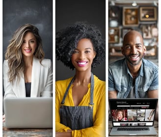 Tríptico con tres emprendedores—consultora con portátil, artesana con mandil amarillo y empresario frente a laptop con sitio 