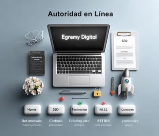 Vista cenital de escritorio minimalista con portátil “Egremy Digital”, clipboard de SEO, cohete y botones Home-SEO-Testimonio