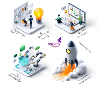 Infografía 3D con cinco fases de Egremy Digital: descubrimiento, lluvia de ideas, contenido clave, diseño y construcción, rev