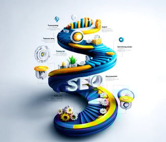 Diagrama visual en 3D que representa un proceso de SEO en espiral ascendente, con elementos como "Mini Entrevista", "Rondas",
