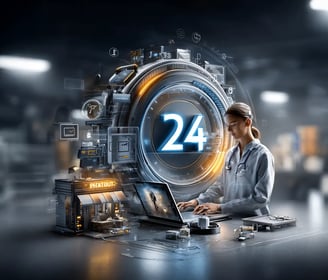 Doctora con portátil en entorno futurista y número 24 brillante, símbolo de telemedicina y atención médica online disponible 