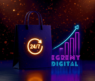 Bolsa de compras con icono 24/7 y gráfica ascendente neón; Egremy Digital impulsa ventas online todo el día.