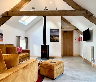 a large room with ochre coloured seating and log burning stove