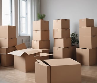 A bustling warehouse environment with stacked shelves filled with a variety of boxed goods. A compact forklift is actively moving, carrying wrapped pallets of green boxes. The shelves are organized with numbered signs, and the scene is well-lit, indicating a busy and efficient setting.