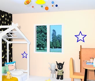a child's bedroom with a cabin bed for traveling into space / chambre enfant déco espace