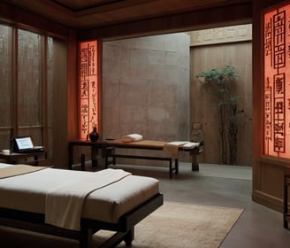 a massage room with a bed and a laptop