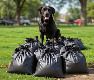 A pet waste station is situated in a park-like environment. The station includes a waste bin with a sign above it requesting visitors to clean up after their pets. The area is surrounded by lush green grass and trees, creating a natural setting.
