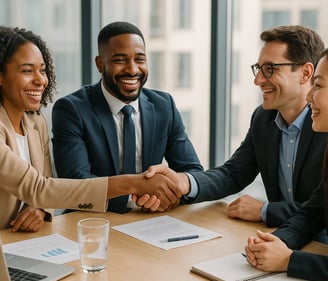 a group of people shaking hands over a table