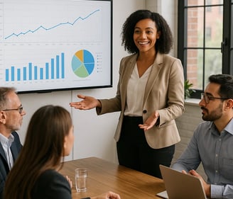 a woman in a business suit is standing in front of a presentation screen