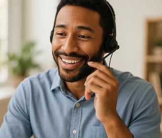 a man in a blue shirt and headphones on a phone