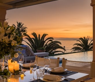 Dramatic sunset at Villa El Rincon in Marbella from the main pool area.