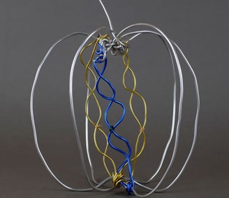 Wire sculpture of an apple revealing DNA strands inside