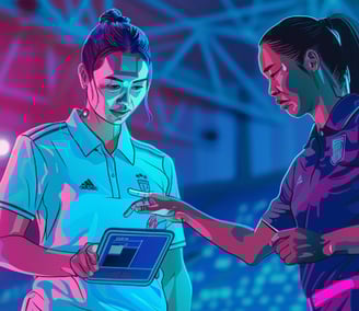 A female player and coach looking at GPS data on a tablet in a stadium