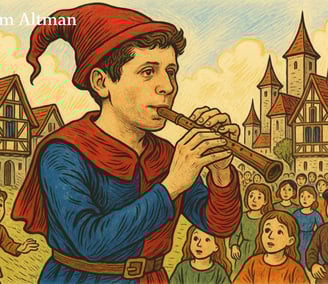Sam Altman Flautista de Hamelín in a red hat playing a trumpet