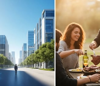 a man and woman eating food in a city