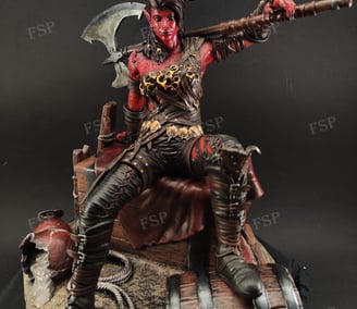 Custom resin figure inspired by a fiery fantasy warrior character, hand-painted with detailed armor