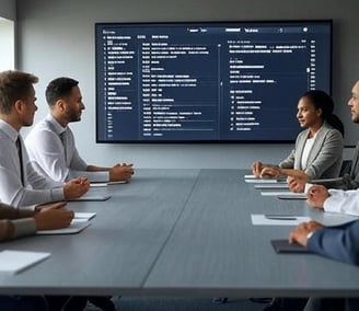 A business team in a meeting room using a large screen with a Notion project tracker showing tasks, 