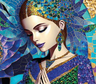 Lady praying, mosaic, blues, purples, golds and greens. 