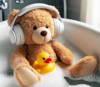 Teddy bear in the bath listening to music