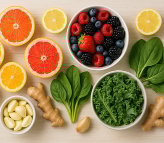 Colorful selection of vitamin-rich foods to strengthen the immune system.