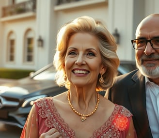 Casal idoso, sorridente, bem vestidos. Homem de terno ao lado de uma Mercedes-Benz, ao fundo..