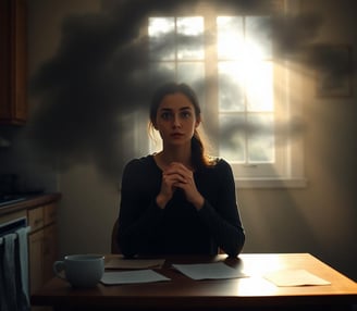 a woman sitting at a table with a cup of coffee