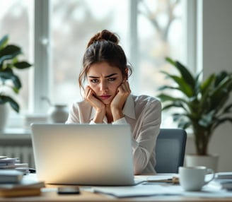 a woman sitting at a desk with a laptop computer