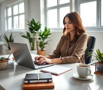 a woman sitting at a desk with a laptop computer