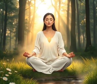 a woman sitting in a meditation position in a forest