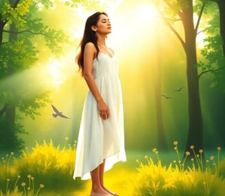 a woman standing in a field with a bird in the background