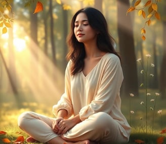 a woman sitting on the grass with her eyes closed