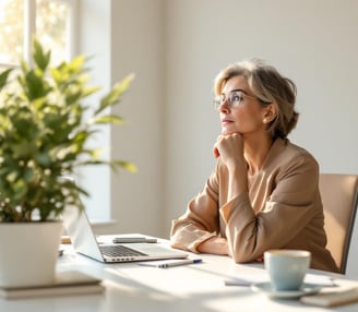 a woman sitting at a desk with a laptop computer and a potted plant