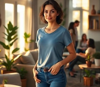 a woman in a blue shirt and jeans standing in a living room