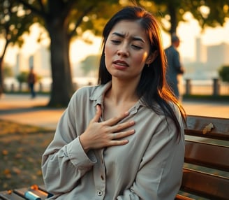 a woman with a chest pain holding her chest