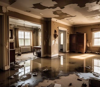 Signs of water damage: standing water, damp carpets, water stains, musty odors, mold growth, warped 