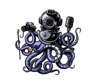 Octopus illustration, diving helmet, camera, microphone, vintage style, creative concept