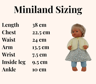 Sizing chart for 38cm Miniland doll