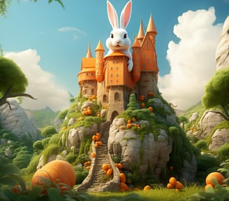 a white rabbit sitting on a hilltop castle