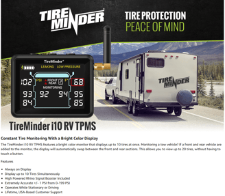 TireMinder i10 RV TPMS system display showing real-time tire pressure, essential RV tech for 2025.