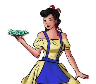 Illustrated woman, baking cookies, colorful artwork, vintage style, kitchen scene