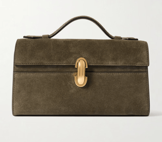 Elegant olive suede handbag with gold-tone clasp and top handle.