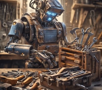 An Artificial Intelligence Robot building in his workshop with his trusted toolbox of AI tools