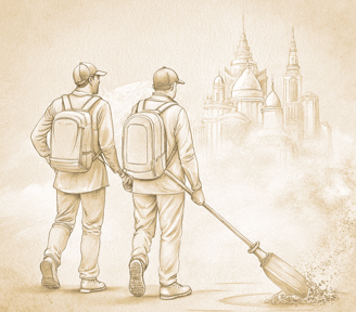 two men with backpacks walking down a street