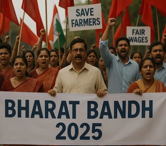 Protesters during Bharat Bandh 2025 in India carrying banners and flags