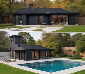 A row of newly constructed white houses lined up along a paved street. The homes feature simple architectural designs with slanted roofs. On one side, there is a tall concrete wall with sparse vegetation. The ground appears to be under development with exposed earth and some construction debris.